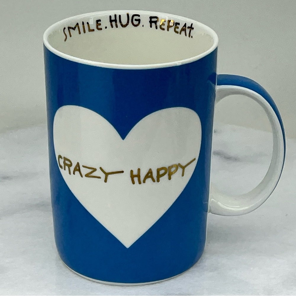 Betsey Johnson Mug Trolls Crazy Happy Blue White Heart Gold Coffee Tea Kitchen